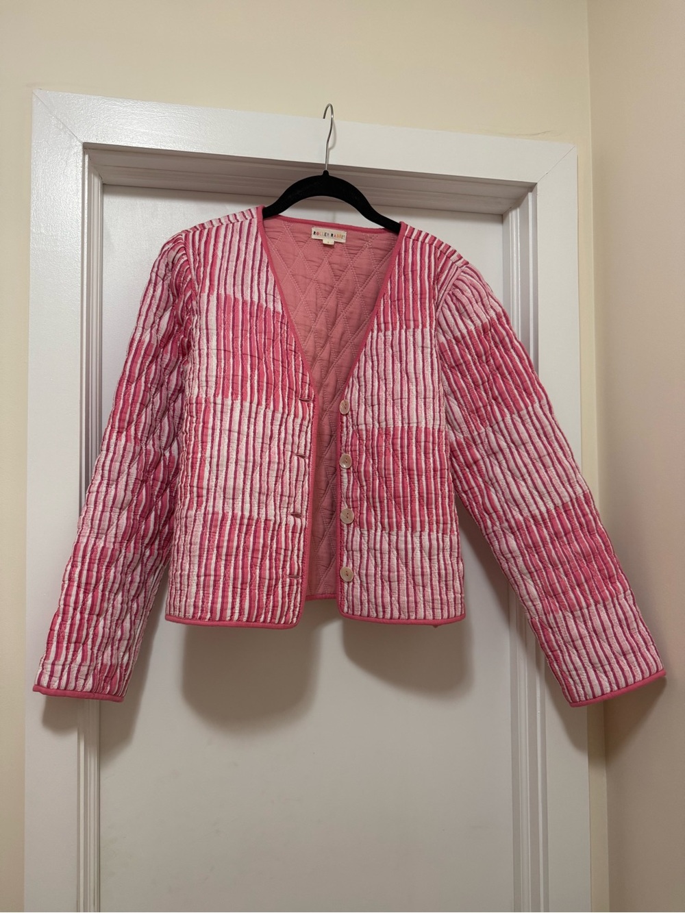 Roller Rabbit Striped Pink Quilted Button-Front Puffer Jacket